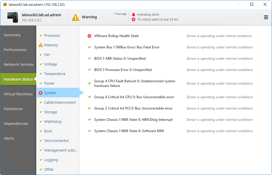 Status sprzętowy ESX