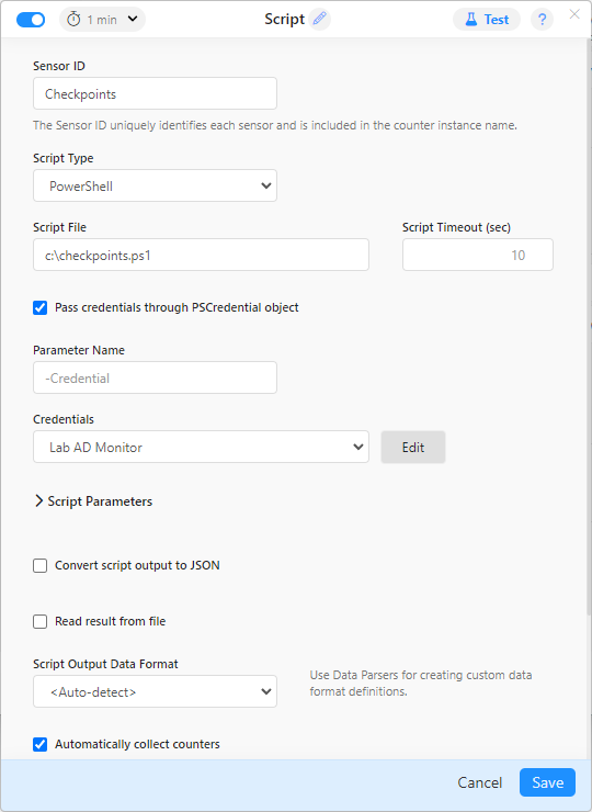 Script sensor configuration