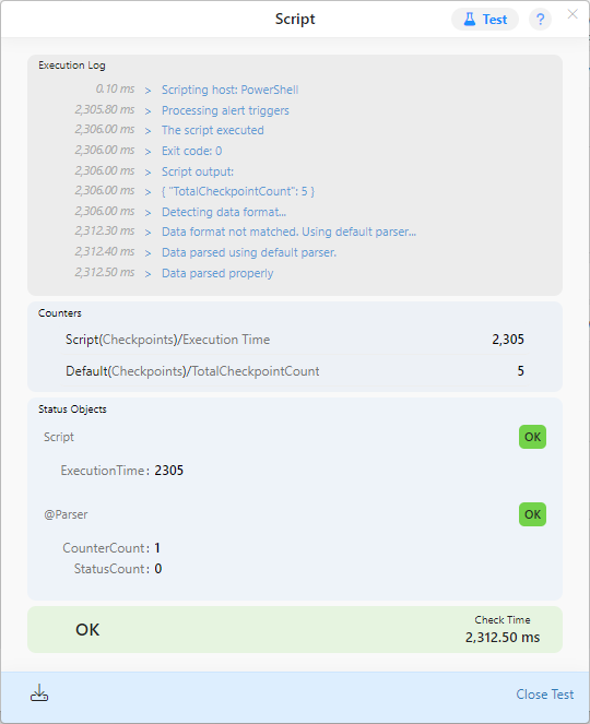 Script sensor test result